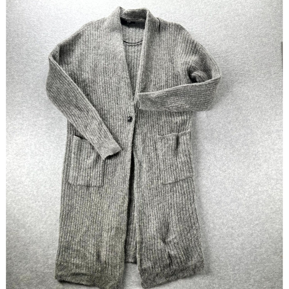 Uniqlo Long Cardigan Sweater Womens M Gray Wool Ribbed Tight Knit Warm Winter